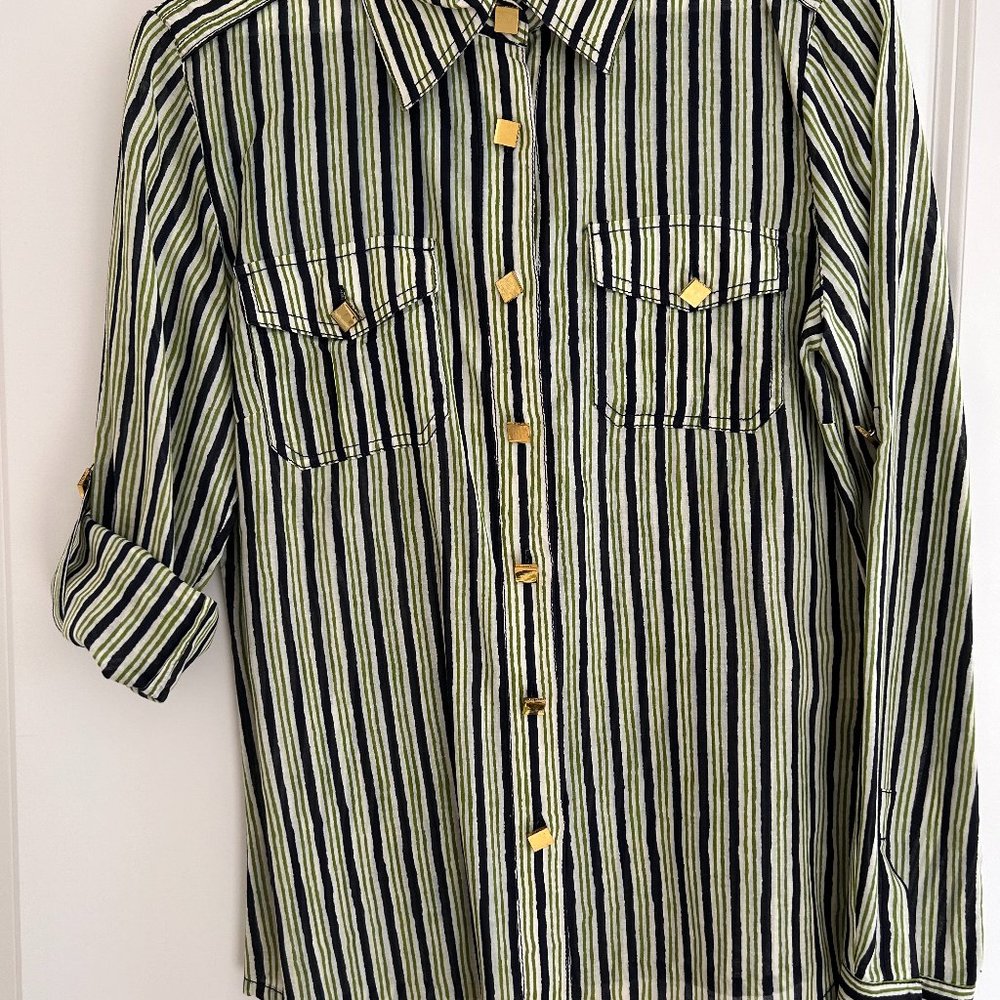 TORY BURCH Blue and green striped top with details. Size 6